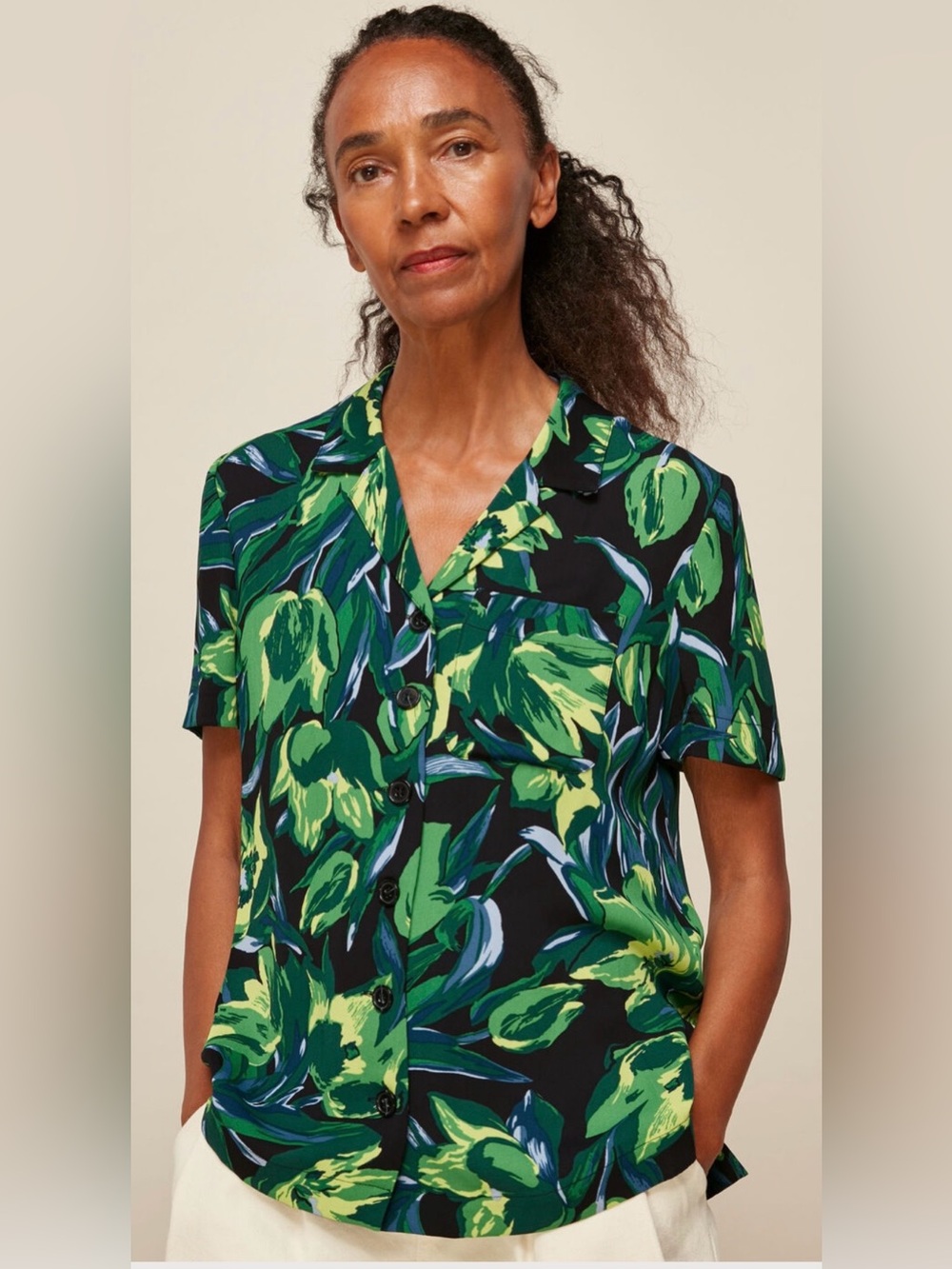 Whistles Black Button-Down Blouse with Green Tulip Print